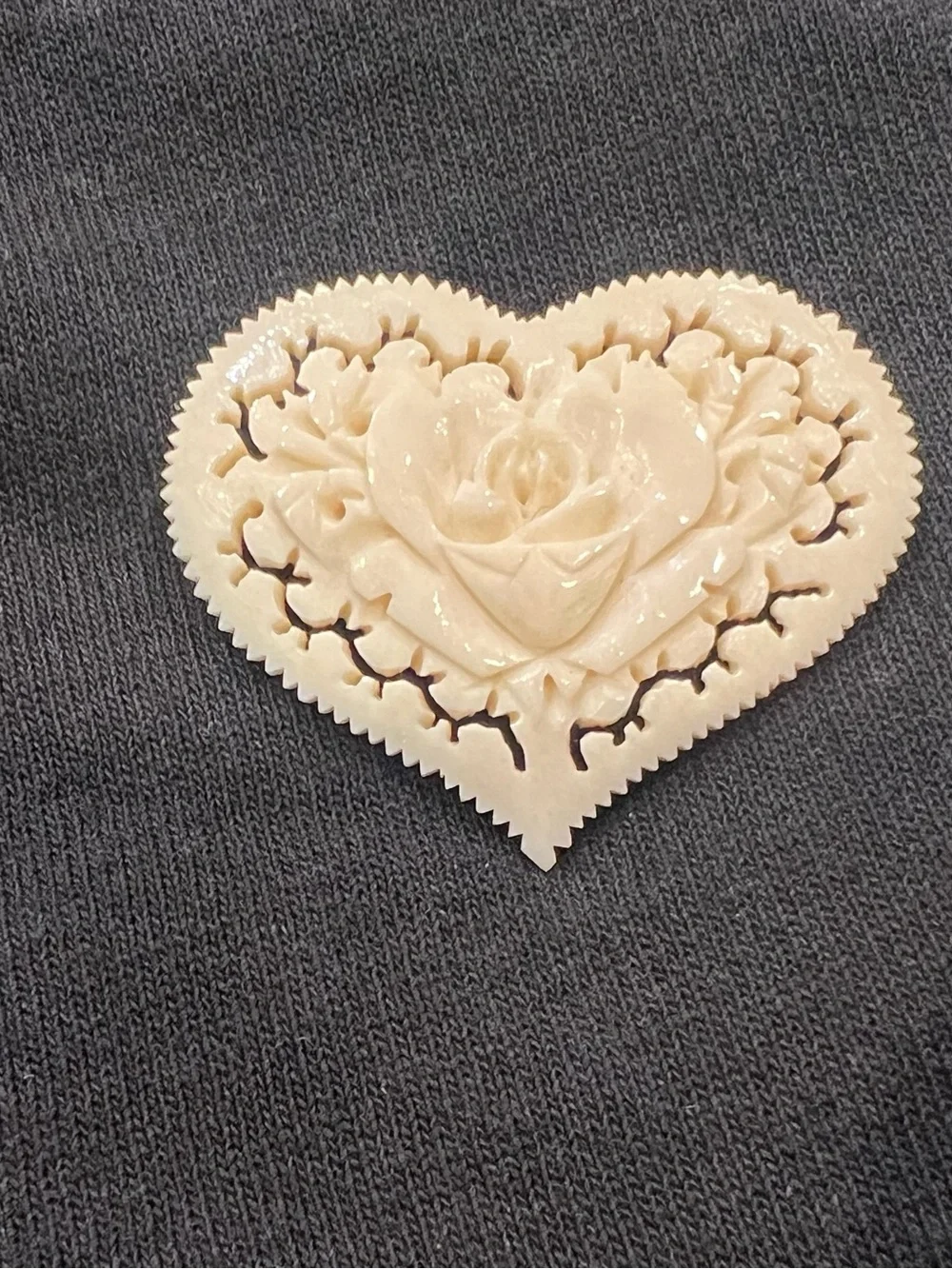 Vintage Celluloid Carved Floral Rose Heart Brooch